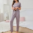 thumbnail image 2 of tarylea Pajamas Set for Women 2 Piece V Neck Short Sleeve Tops Elastic Waist Pants Solid Color Casual Loose Stretch Soft Summer Homewear Suits, 2 of 4