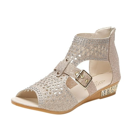 

Anuirheih Flatform Sandals for Women Rhinestone Hollow Back Zipper Comfort Cutout Open Toe Non-slip Roman Sandals for Beach Dress(Beige）