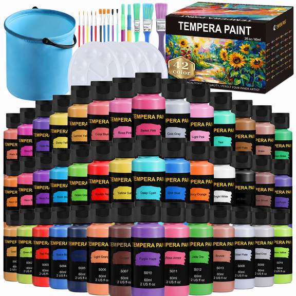 2oz Matte Tempera & Watercolor Paint Set 42 Vibrant Pigment Shades, Non-Toxic Washable Smooth Finish Paint with Brushes, Professional Art Kit for Artists & Hobbyists, Perfect for Sketch, Fine Art a