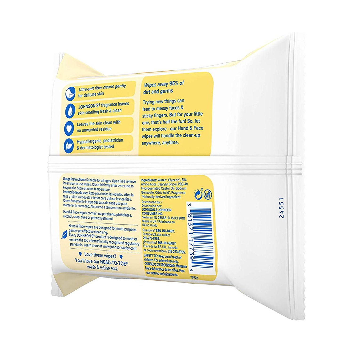 Johnsons Baby Hand and Face Sanitizing Wipes for Travel, 25 Ea, 6 Pack