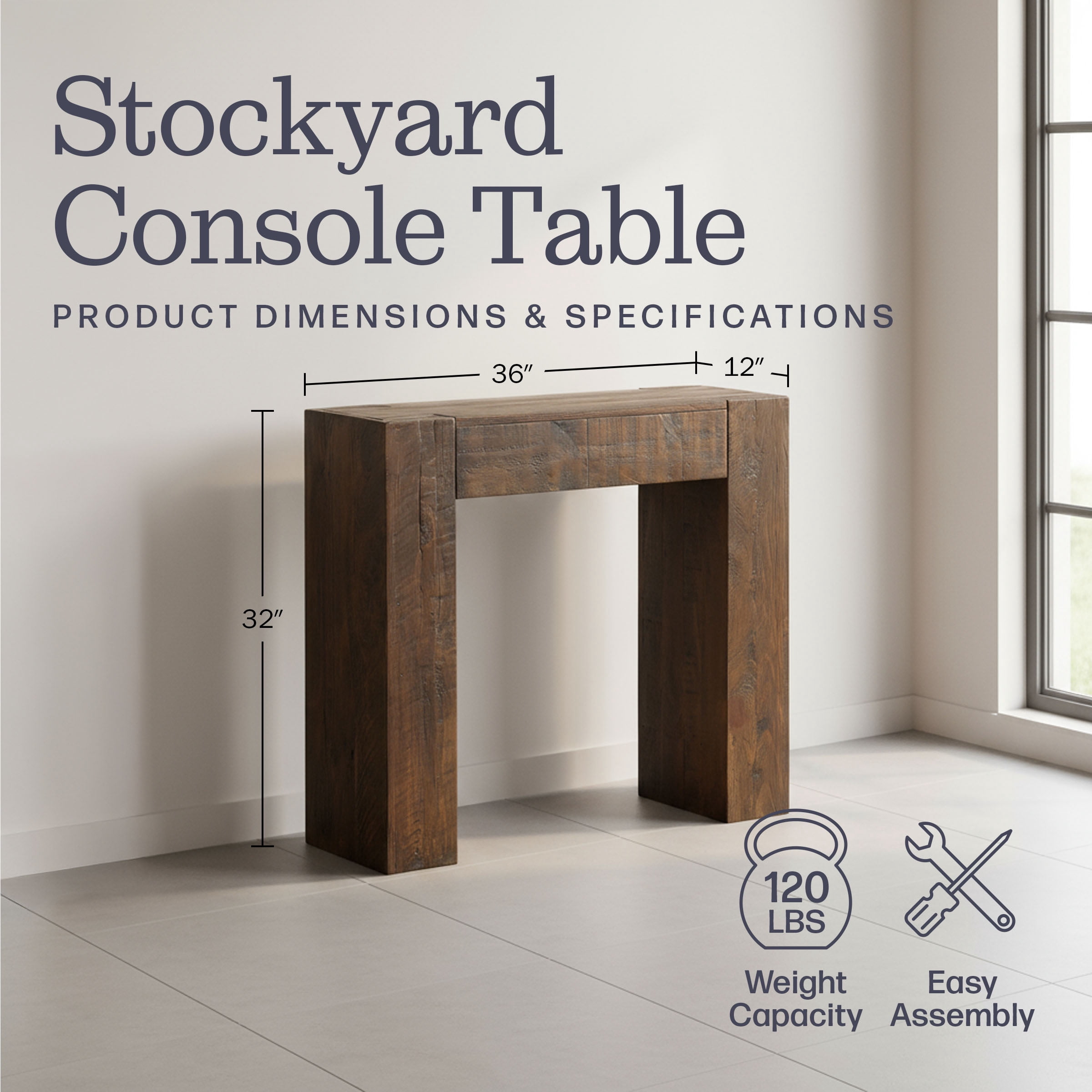 Alaterre Furniture Stockyard Solid Wood Console Table - 36in Modern Farmhouse Entryway Table, Brown