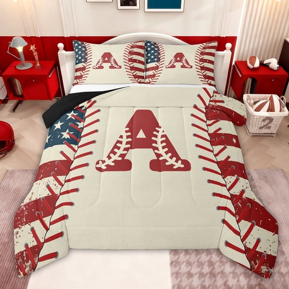 jejeloiu Baseball Games Twin Comforter Sets,Letter A Monogrammed Bedding Set For Boys Kids Reversible 2-Piece