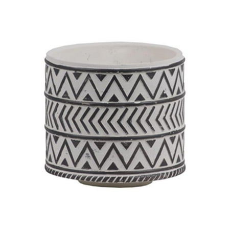 

Large Stoneware Cylindrical Pot with Painted Black Embossed Lattice Chevron Design Body & Tapered Bottom Washed Finish - White