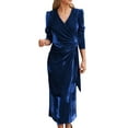 thumbnail image 1 of ZAXARRA Robe Midi Moulante en Velours pour Femmes Couleur Unie Col en V à Nouer Manches Longues Robe de Soirée Printemps Automne, 1 of 5