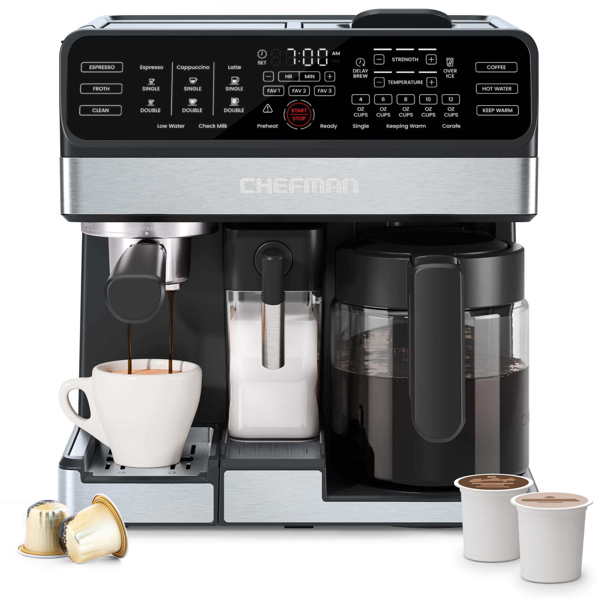 Chefman Coffee Station, Coffee Maker Espresso Machine Combo, Automatic Milk Frother – Black