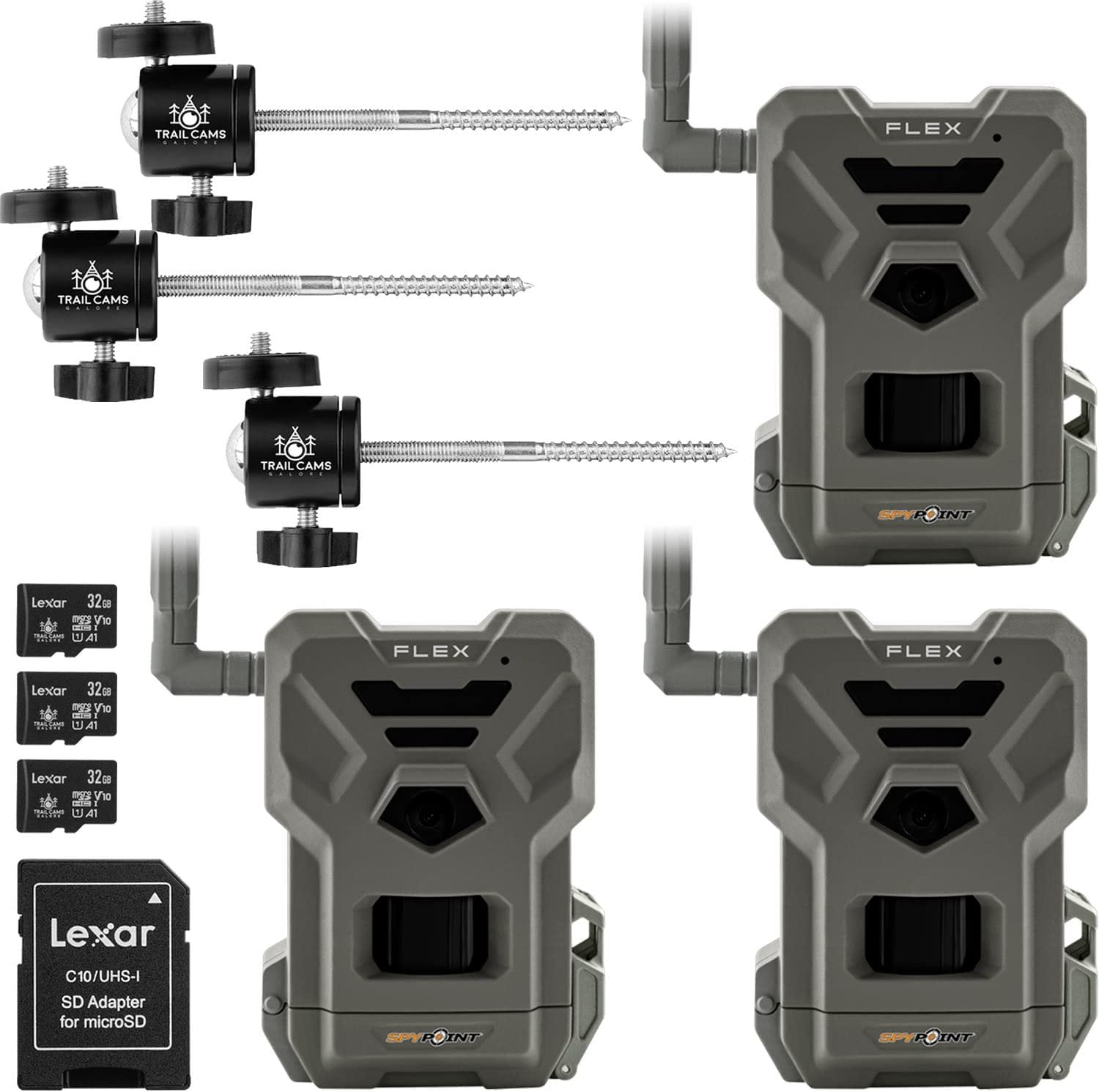 SPYPOINT Flex Dual-Sim Cellular Trail Camera 33MP Photos 1080p Videos with Sound and On-Demand Photo/Video Requests - GPS Enabled Mount Bundle with Lexar 32GB Micro SD Card 3 PK