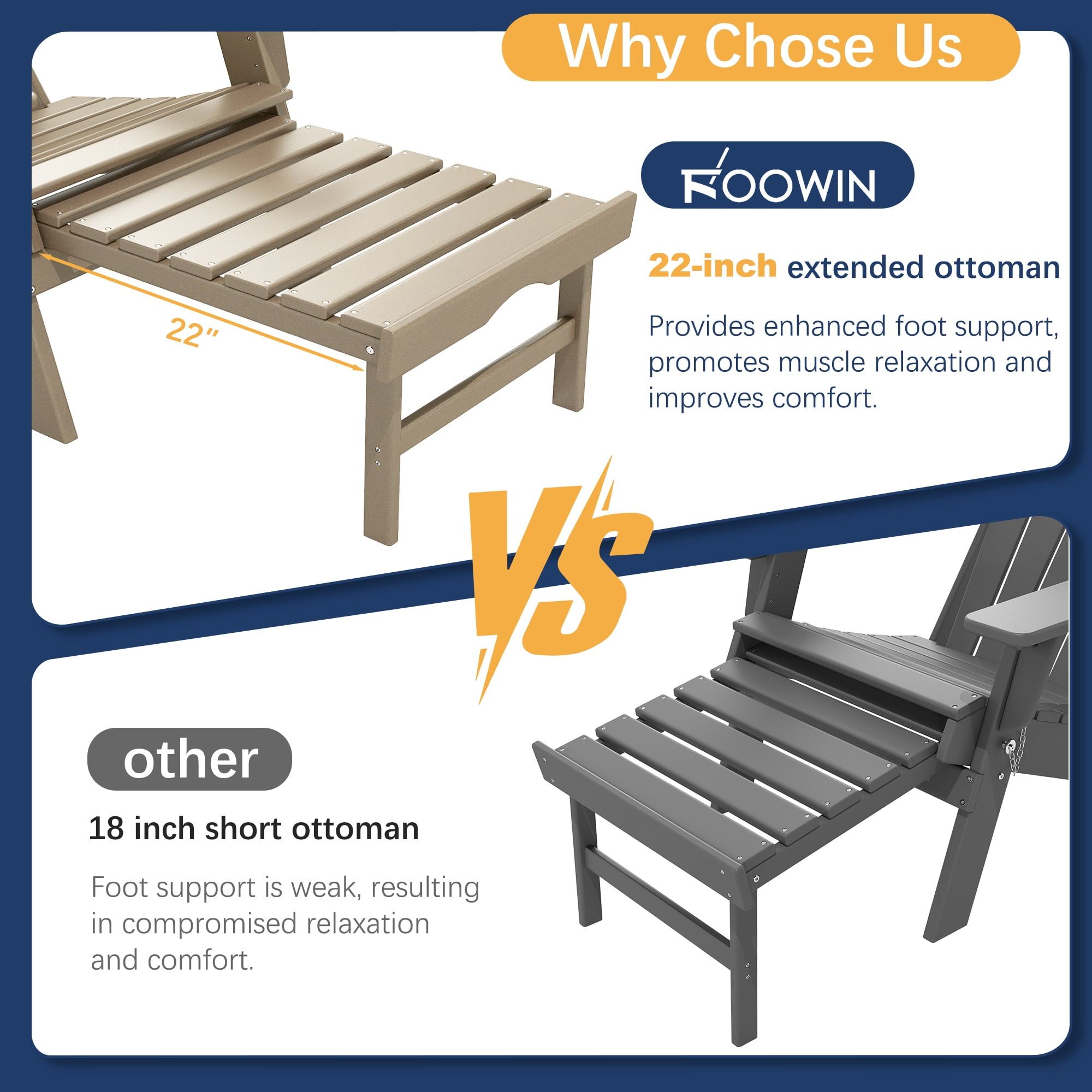 2PCS Folding Adirondack Chair with Ottoman, Adjustable Backrest Plastic HDPE Adirondack Chairs w/4 in 1 Cup Holder Tray, Brown