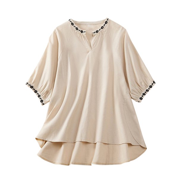 Gibobby Playera Corte clásico para Mujer Camiseta holgada informal y cómoda retro algodón y lino con bordado algodón y lino para mujer(Beige,M)
