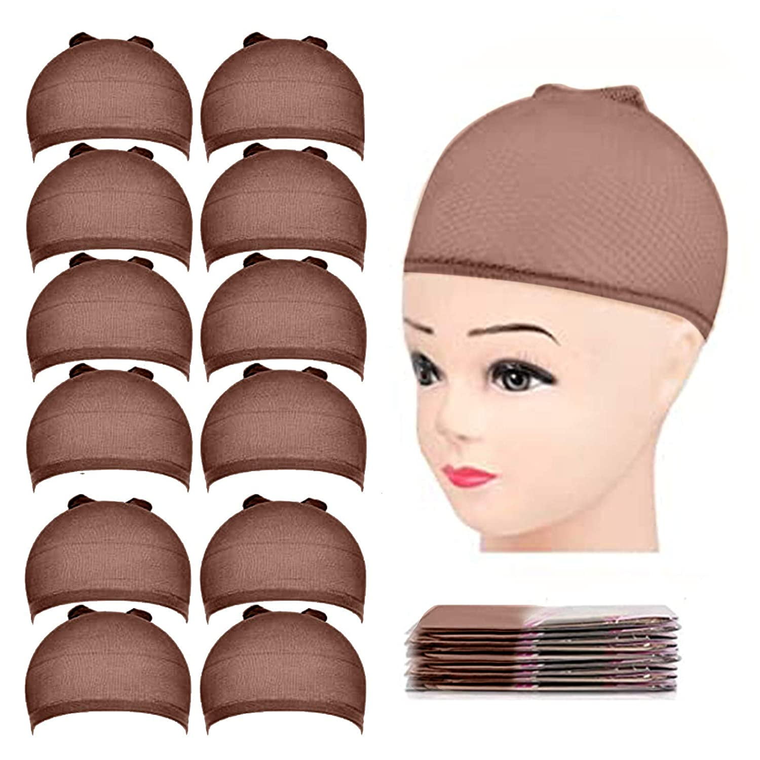 Wig Cap Nylon Hair Nets Caps,12 Pieces Dark Brown Stocking Wig Caps