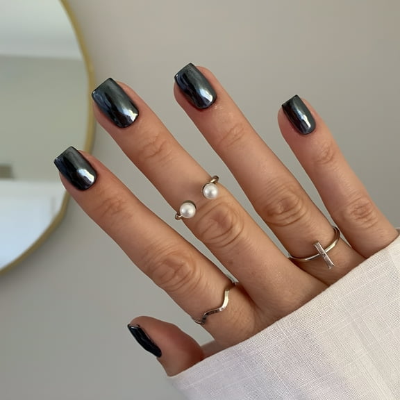 RAGUPEL Black Chrome Square Press on Nails Short, Metallic Fake Nails Acrylic Nails Press ons, Mirror Metal Nails Glue on Nails Short, Coffin Nails False Nails with Design in 24 PCS Blue-Green