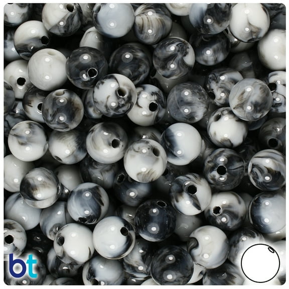 BeadTin Black Marbled 10mm Round Plastic Craft Beads (100pcs)