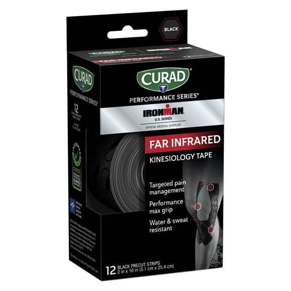 Curad Performance Series IronMan Far Infrared Kinesiology Tape, 2"x10" strips, Black, 12 Count