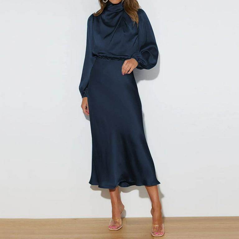 IDOPIP Women's Elegant Long Sleeve Satin Dress Mock Neck Elastic Waist  Cocktail Party Maxi Dress - Walmart.com