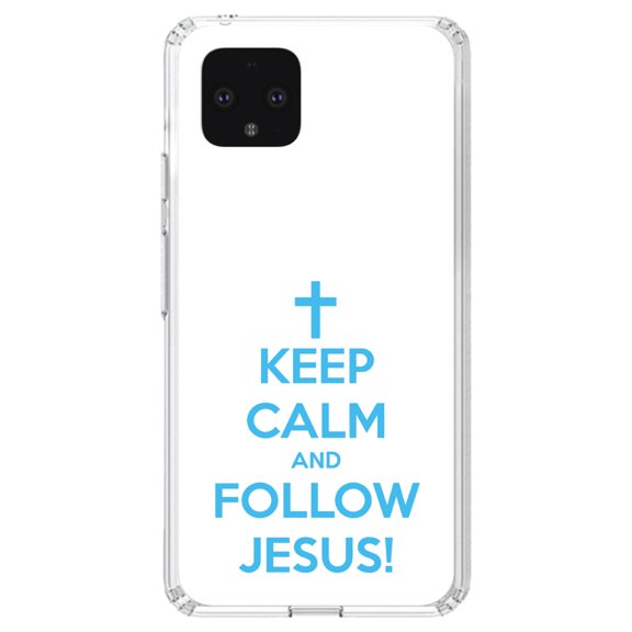 DistinctInk Clear Shockproof Hybrid Case for Google Pixel 4 (5.7" Screen) - TPU Bumper, Acrylic Back, Tempered Glass Screen Protector - Keep Calm and Follow Jesus - Show Your Love of Christ