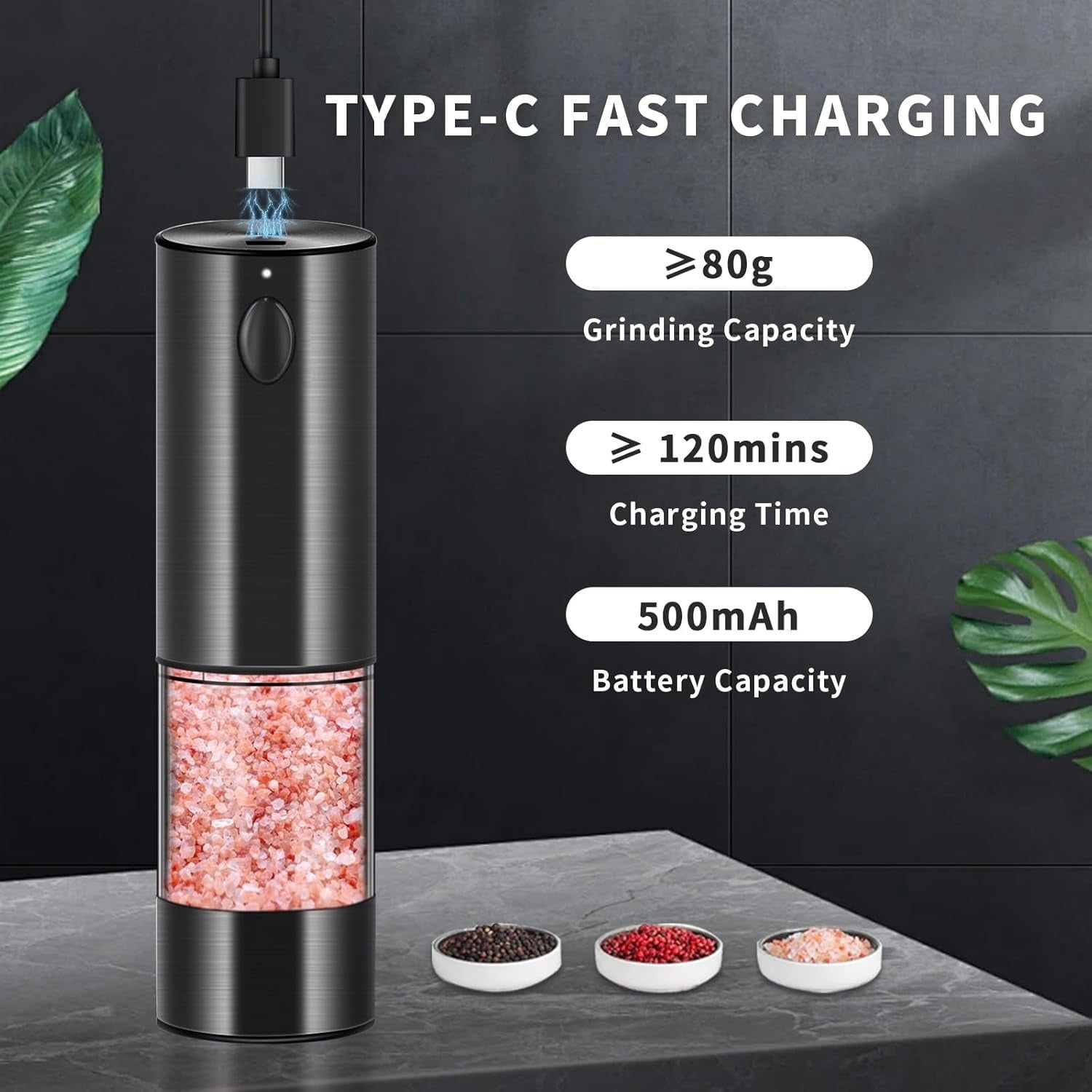USB Rechargeable Pepper Mill Salt Grinder, Electric Salt and Pepper Grinder Set, Electric Pepper Grinder with Adjustable Coarseness, Refillable Salt and Pepper Shakers 2 Pack Dark Gray