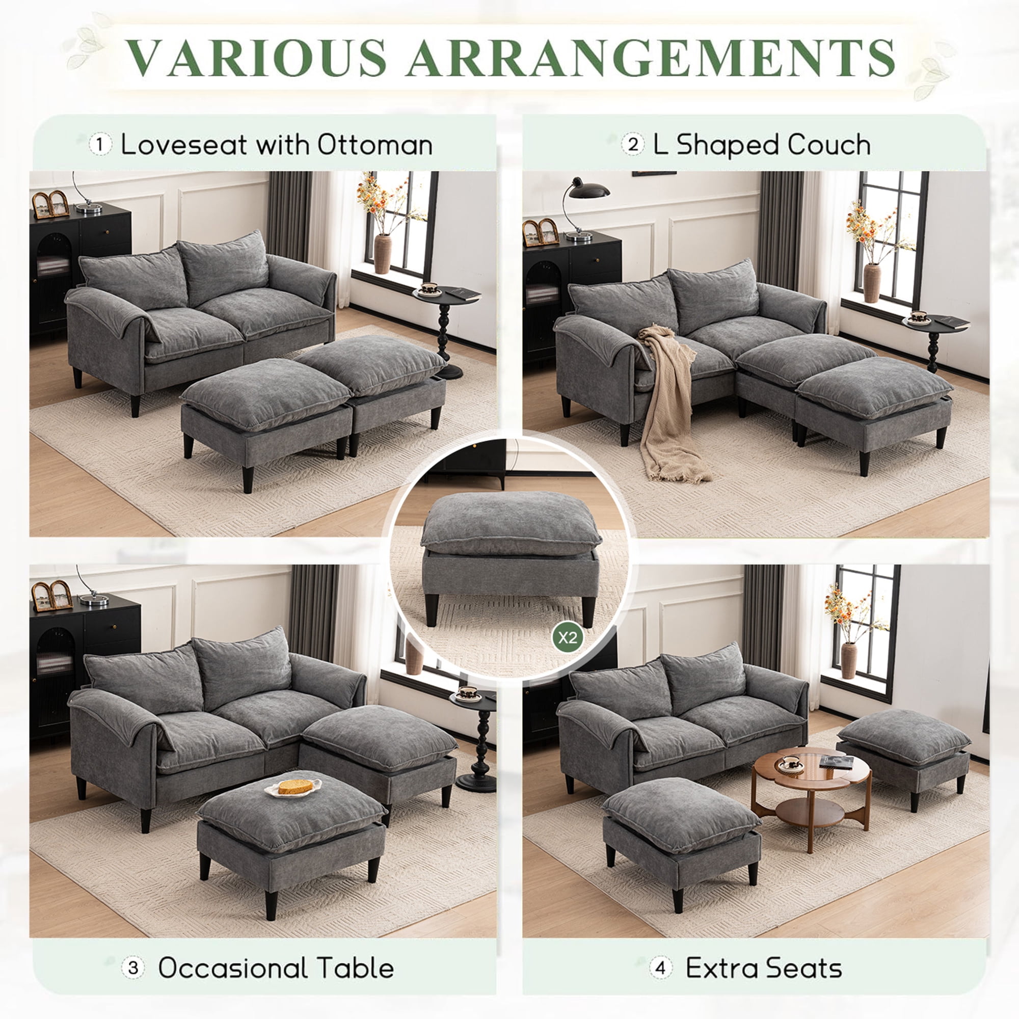Convertible Combination Sofa U-Shaped Storage Sofa with Footstools , 2-Seater Futon for Living Room, Living Room/Bedroom/Office/Small Space