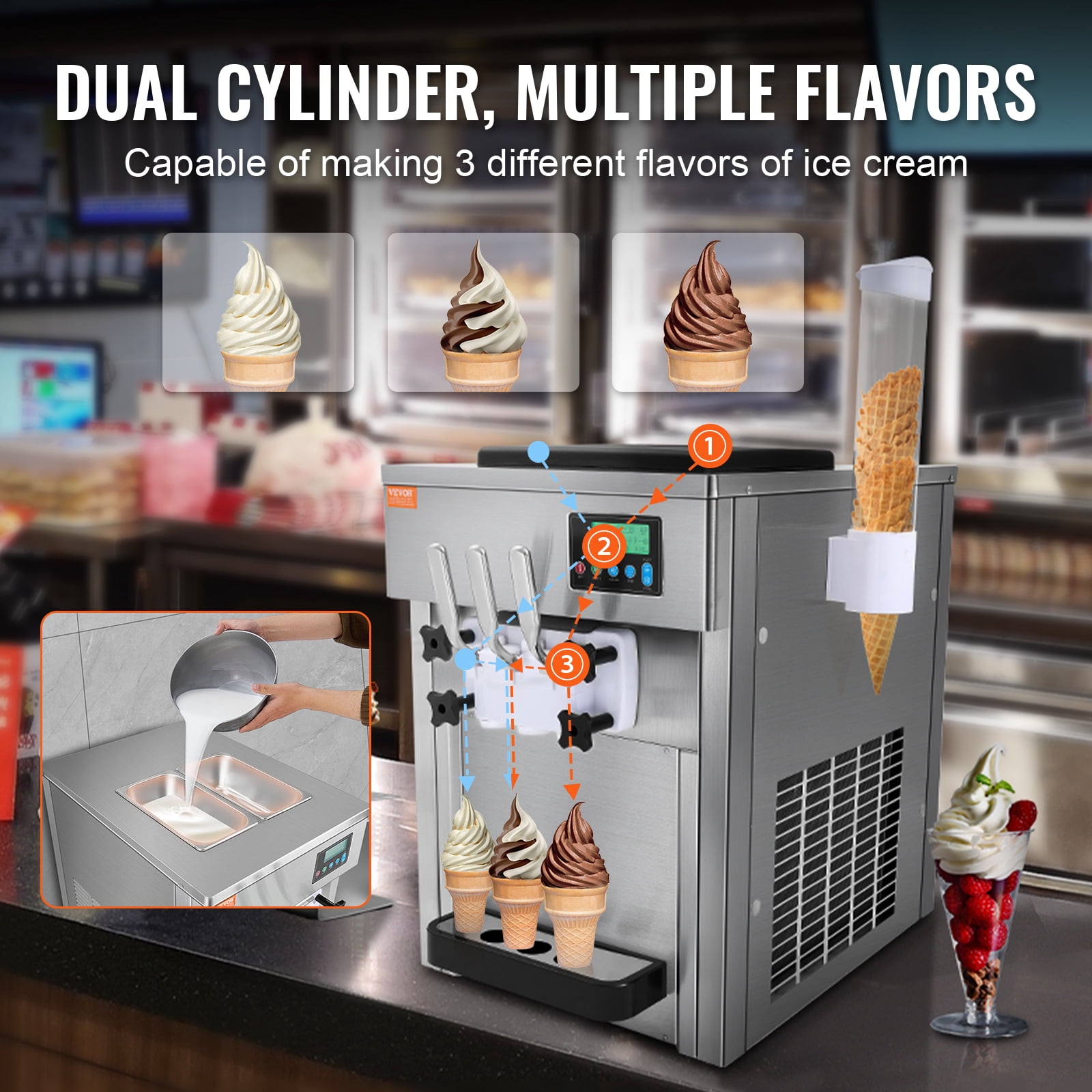 KFFKFF  Commercial Soft Serve Ice Cream Maker   5.3-7.4gal/20-28L/H Yield 3 Flavor 4L/1.1gal Cylinder Restaurants Snack Bar supermarkets