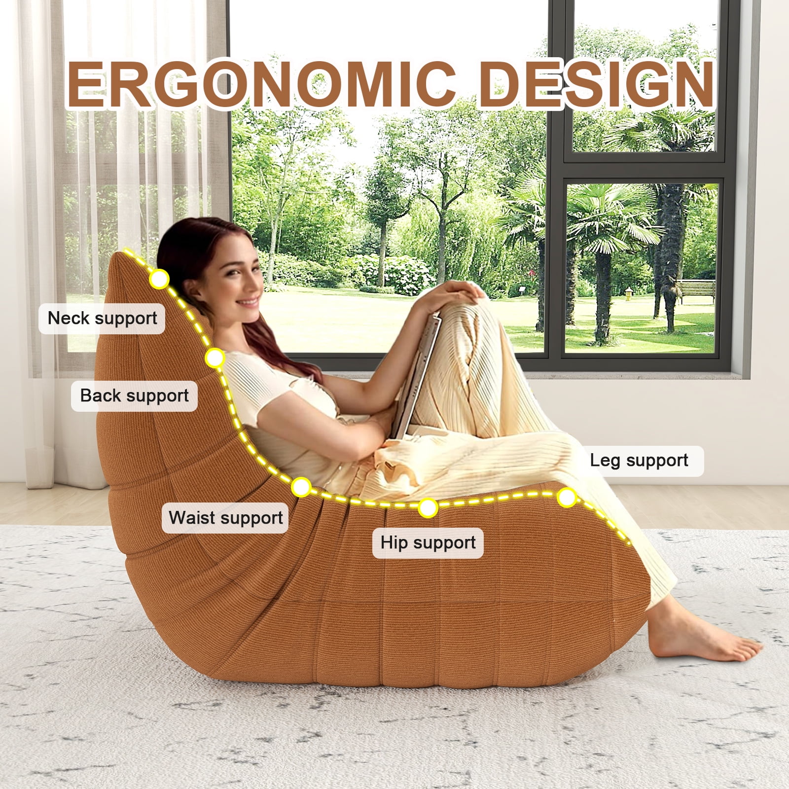 Kinbor 3-Seat Bean Bag Chair, Modern Lazy Sofa Floor Sofa Chair Bean Bag Chair, Big Fireside Bean Bag Lounger for Adults, Brown
