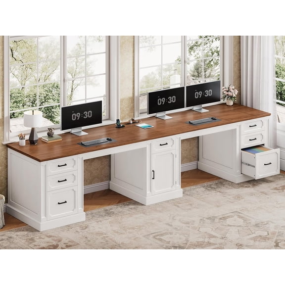SEDETA 110 Inch Two Person Desk with Storage, Farmhouse Long Double Desk with 7 Wood Drawers and Cabinet, Wood 2 Person Desk with Power Outlets for Office, Bedroom, White & Brown