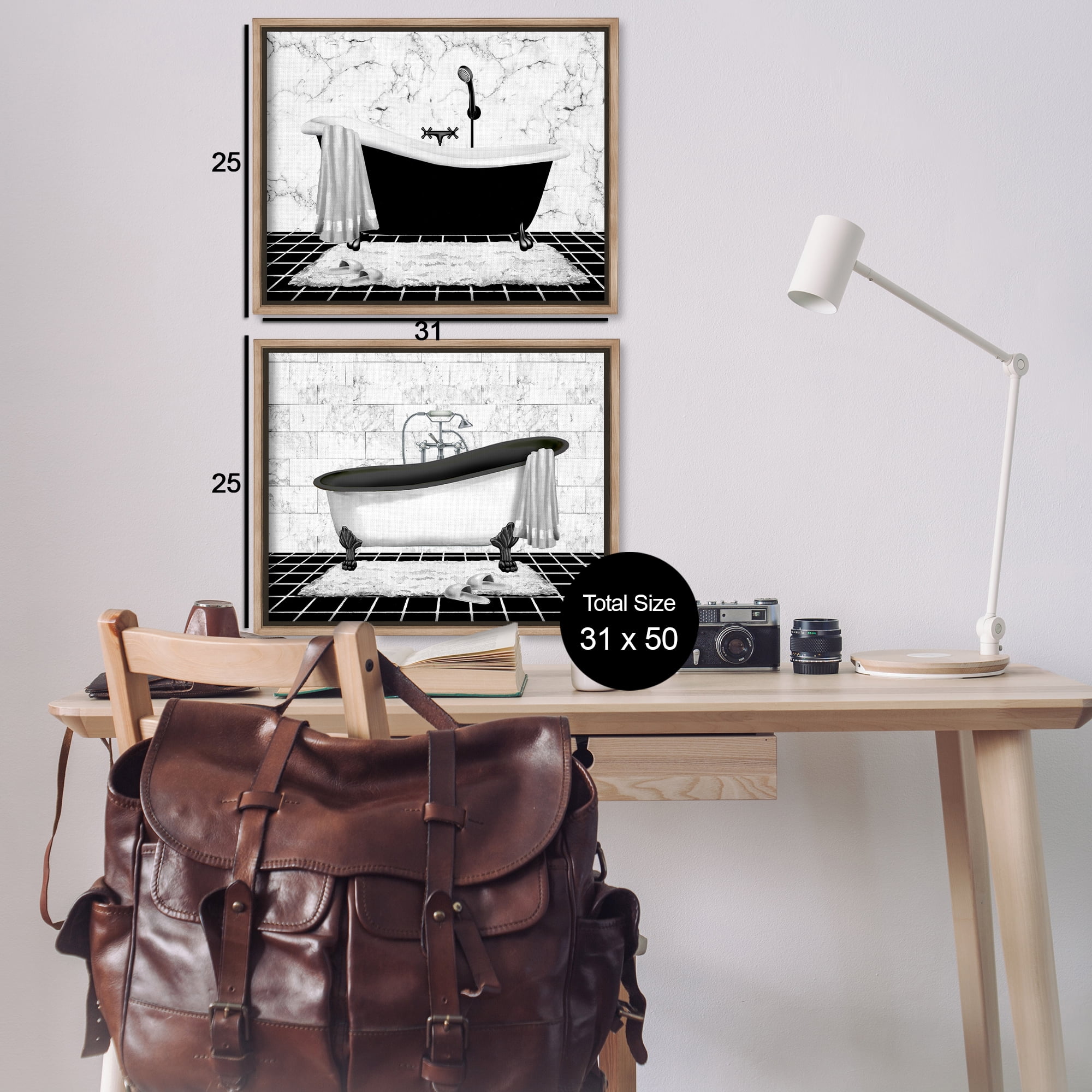 Stupell Industries Marble Clawfoot Soaking Tub Bath & Laundry Painting Brown Floater Framed Canvas Art Print Wall Art, 31 x 25, Set of 2