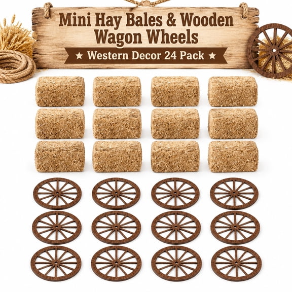 Mini Hay Bales and Wooden Western Wagon Wheel Decoration Set for Country Decor, ideal for western themed party decorations and rustic farmhouse wall decor