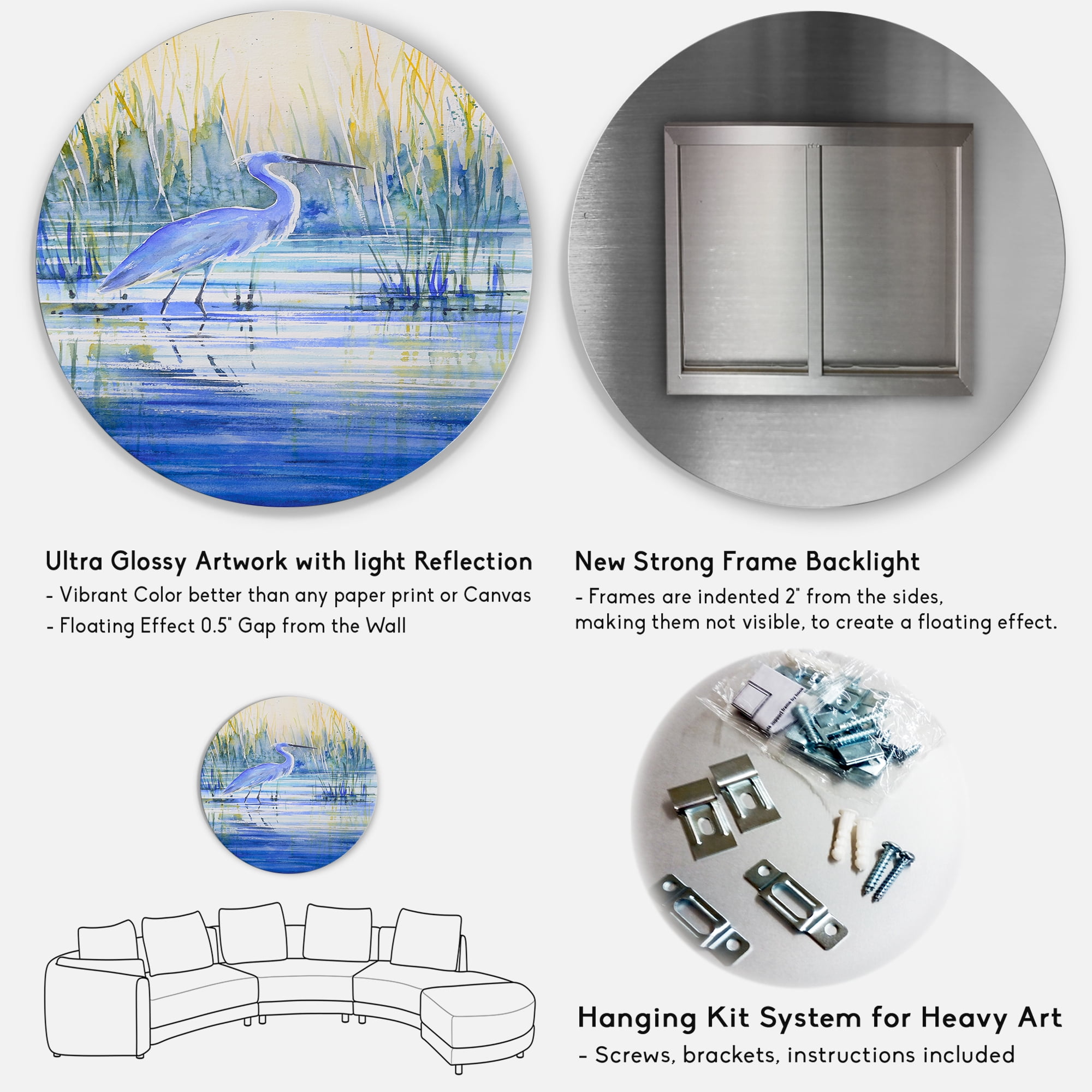 Designart 'Blue Heron On The Lake Shore' Traditional Circle Metal Wall Art 36x36 - Disc of 36