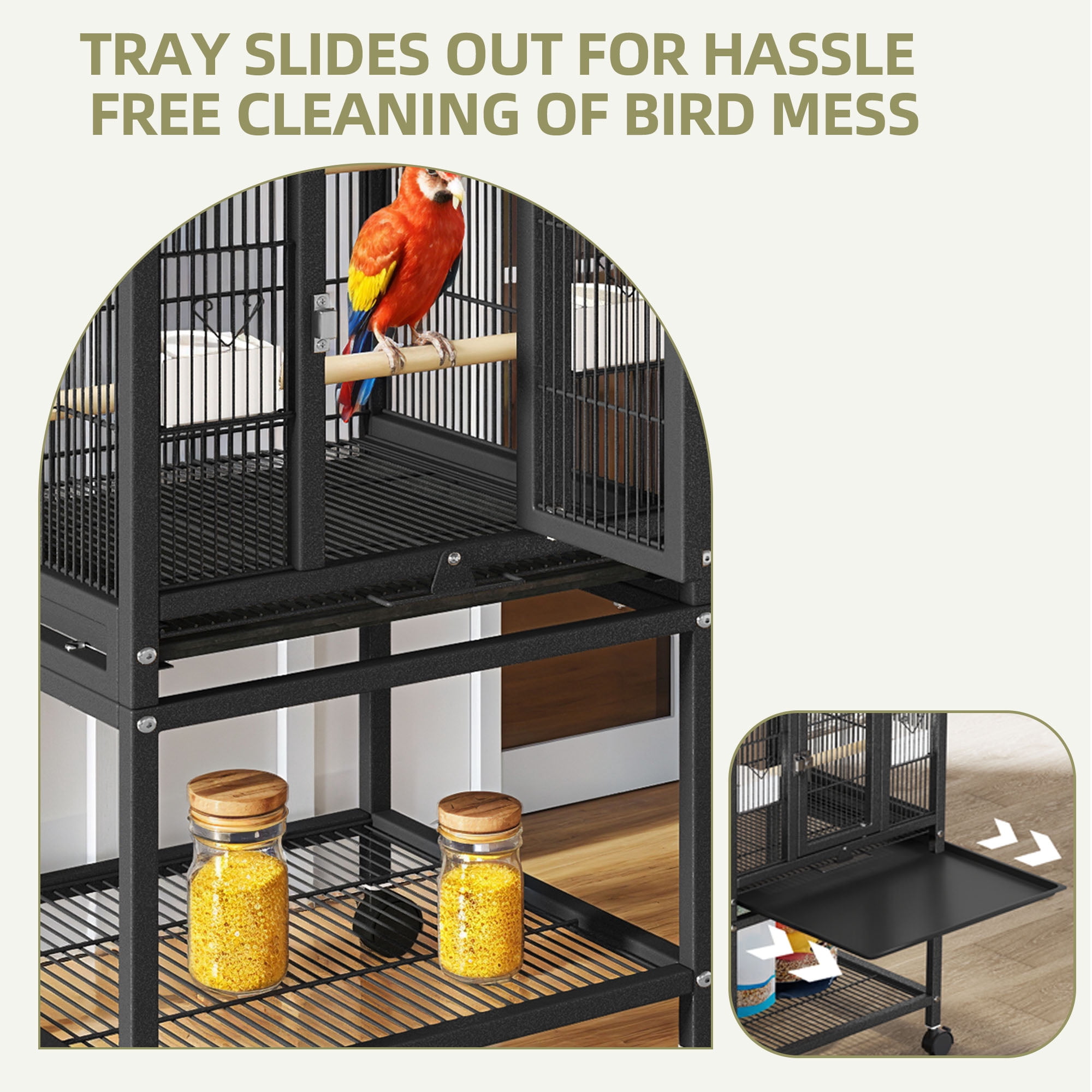 Uforic 41" Metal Bird cage  with Rolling Stand, Tray, 2 Perches and 2 Feeders, Black