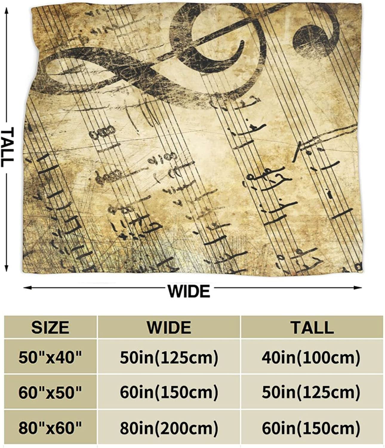 Vintage Music Musical Note Throw Blanket Super Soft Warm Bed Blankets for Couch Bedroom Sofa Office Car, All Season Cozy Flannel Plush Blanket for Girls Boys Adults, 50"X40"