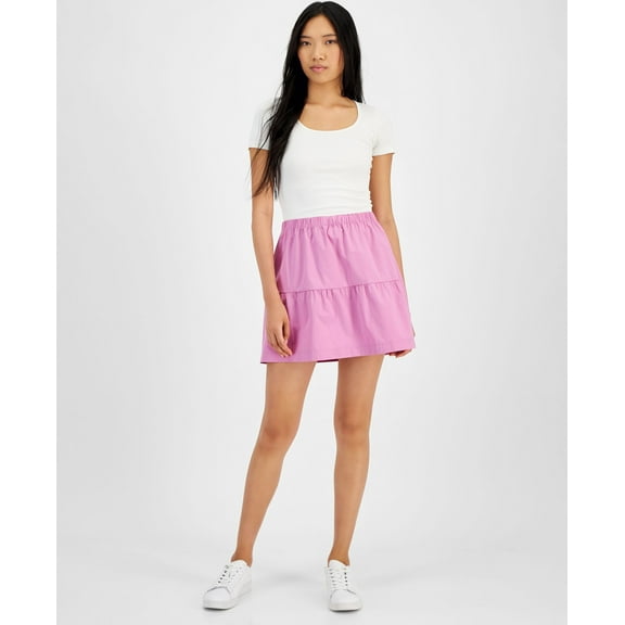 Juniors' Elasticized-Waist Poplin Tiered Mini Skirt Groovy Pink L