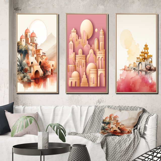 Designart "Terracotta Watercolor Full Moon Ancient Cityscape" Abstract Framed Wall Art Set Of 3 - Pink Modern Frame Gallery Wall Set For Home Decor