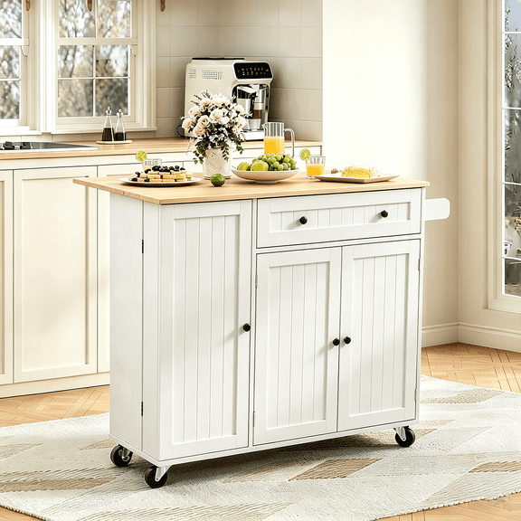 Frmobepts 41.3" Kitchen Island Cart Rolling Storage Cabinet Cart with Drawer & Rack,White