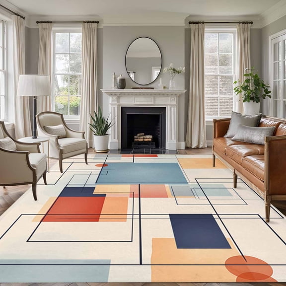 8'x10' Area Rugs, Orange Blue Geometric Indoor Outdoor Area Rug for Living Room Bedroom, Vintage Contemporary Abstract Washable Bathroom Rugs Kitchen Floor Carpet Mats Home Decor Aesthetic
