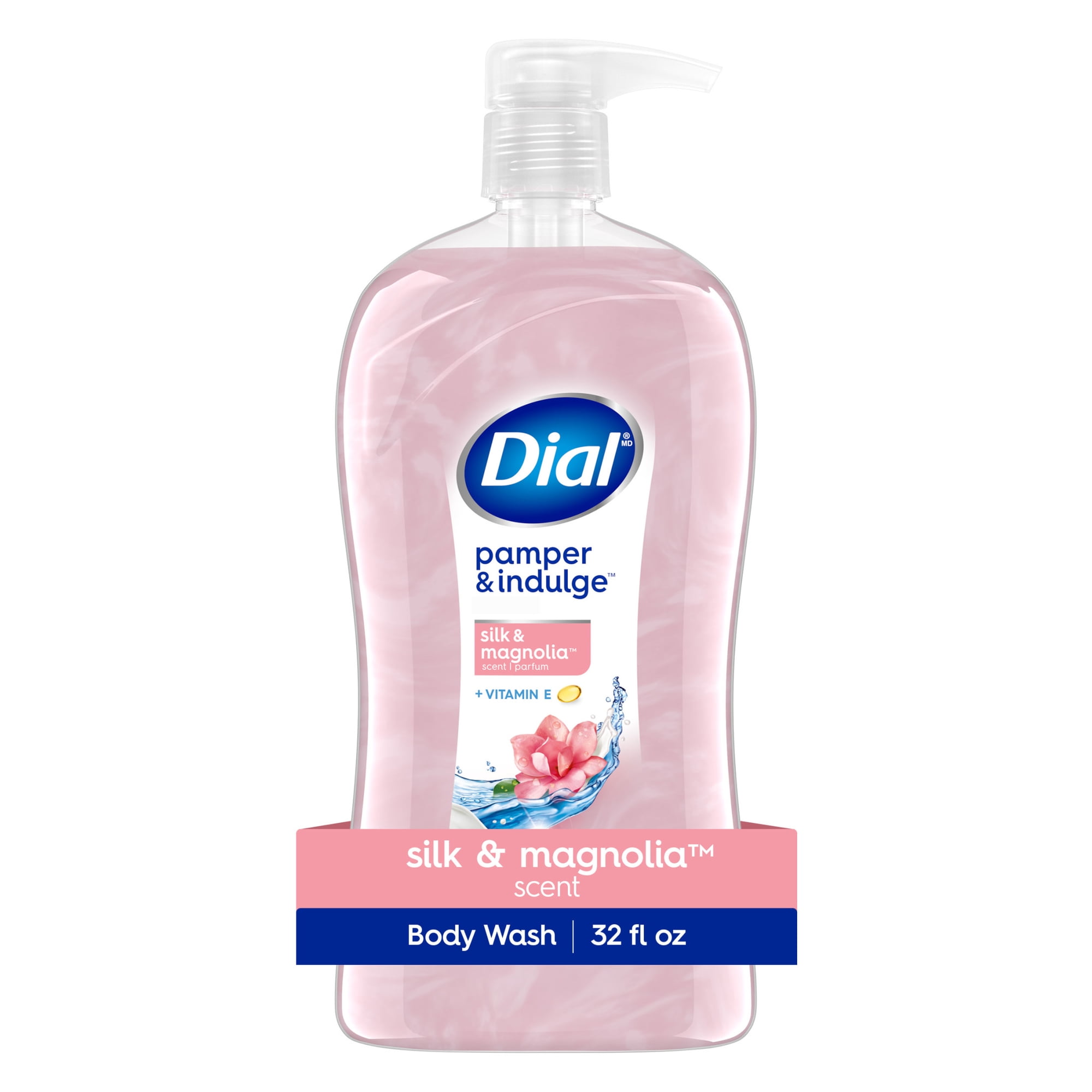 Dial Body Wash, Pamper & Indulge Silk & Magnolia, 32 Fl Oz, Hydraclean Complex & Vitamin E, Gentle, Leaves Skin Feeling Nourished, Dermatologist-Tested, No Parabens & Sulfates