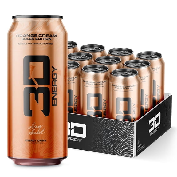 3D Energy Zero Sugar Energy Drink, 200 mg Caffeine, Orange Cream Sam Sulek Edition, 16 fl oz, 12 Pack