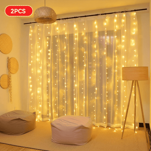 2PCS 300 LED Curtain String Lights,fairy lights,9.8x9.8Ft USB Plug-in 8 Modes Christmas String Hanging Lights,twinkle lights for bedroom Window Chrismas Wedding Party, Warm White