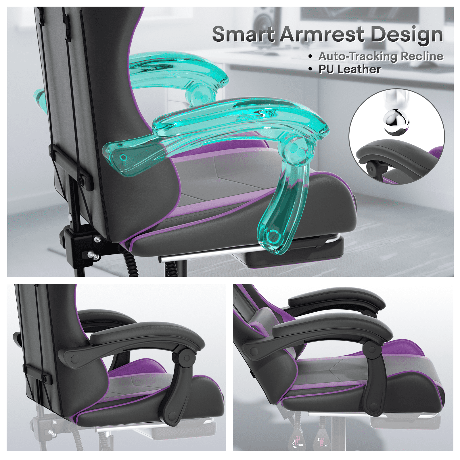OSM Gaming Chair with Footrest & Headrest, High-Back Ergonomic Computer Desk Chair - Adjustable Lumbar Support, Reclining Office Chair for Adults, 350lbs, Purple