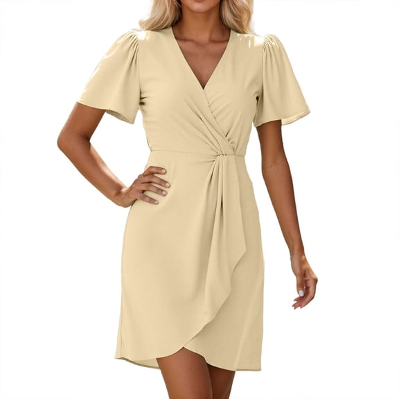 JIAYUE Women's Dress Short Sleeve Above Knee Casual V Neck Everyday Comfortable Summer Spring Pure Color Flowy With Leggings Trendy Female Dresses