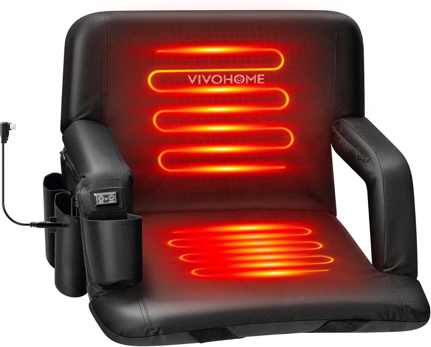 SPECSTAR Heated Stadium Seats with Back Support and Cushion, 2 Pack Bleacher Chairs with 12V 20W PD Fast Charging Type C Port, 3 Levels of Heat, NTC Overheat Protection System(Power Bank not Include