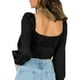 thumbnail image 5 of Sunloudy Blusas cortas con busto fruncido para mujer, manga larga de farol, cuello cuadrado, camisetas ajustadas Sunloudy  S M L XL, 5 of 9