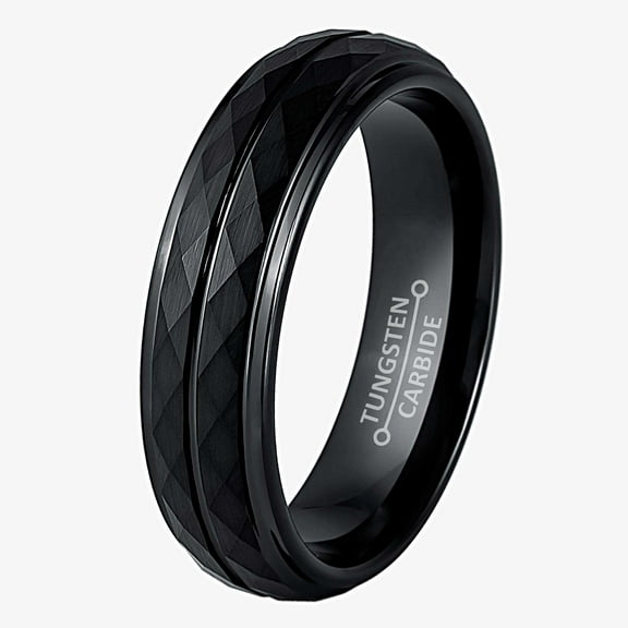 Jewelry Avalanche Faceted Black Tungsten Wedding Band, Mens Engagement Ring, 6MM Anniversary Band