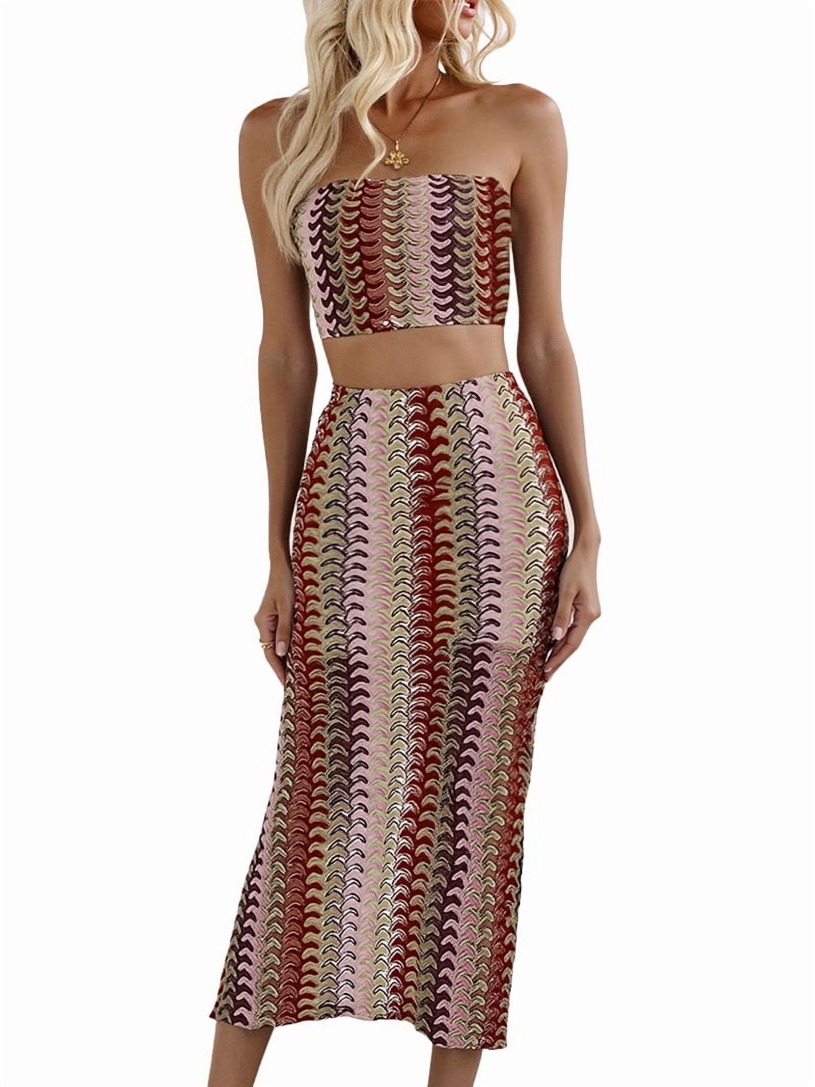 Women'S Summer Colorful Striped Tube Top Dress Set Two Piece Suit Wine Red M