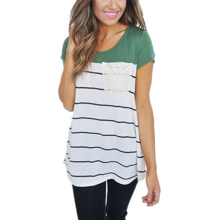 - Lace Pocket Women Striped Print Casual Short Sleeve Tee Shirt