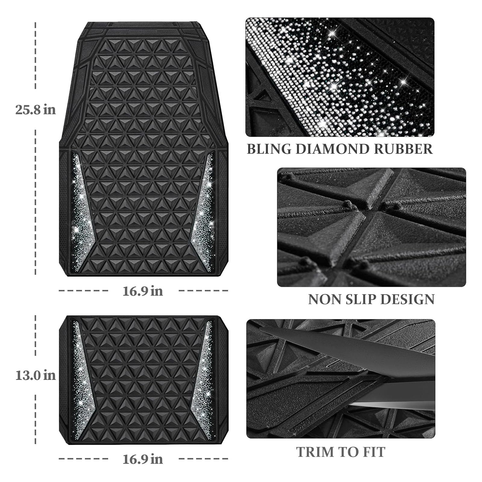 CAR GRAND Bling diamond rubble automotive floor mats full set anti-slip water proof universal fit glitter crystal sparkly shining rhinestone girl woman lady femal Black silver