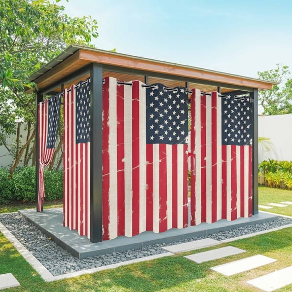 Independence Day Outdoor Curtains for Patio, American Flag Star Retro Red Striped Waterproof Outside Curtains Privacy Blackout Curtain for Porch Pergola Cabana, 2 Panel 54W x 95L Inch