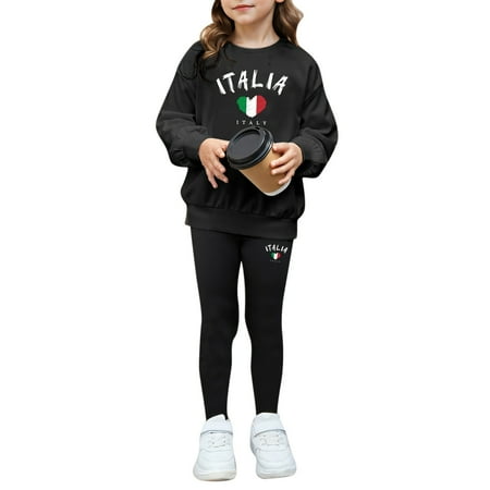 Wangmeiwg Graphic Print Hooded Sweatshirt and Leggings Set for Girls Comfortable Casual Wear 7-8 Years Black