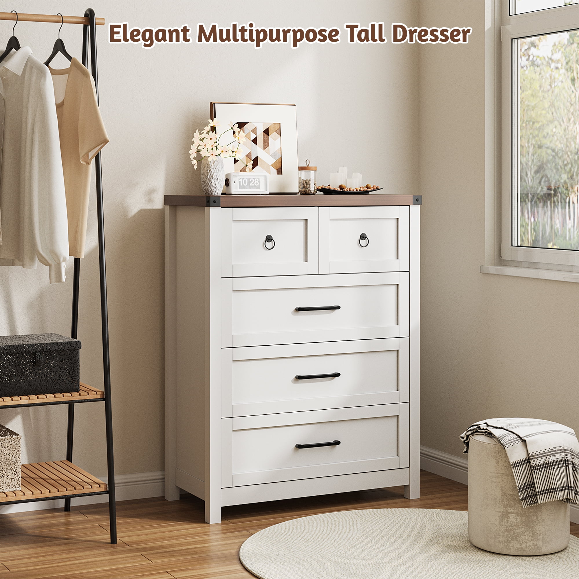 Conate 5 Drawer Dresser for Bedroom, Farmhouse 41.3" Tall Chest of Dresser with Large Storage, Wood Storage Dresser and Organizer for Living Room, Hallway, Closet