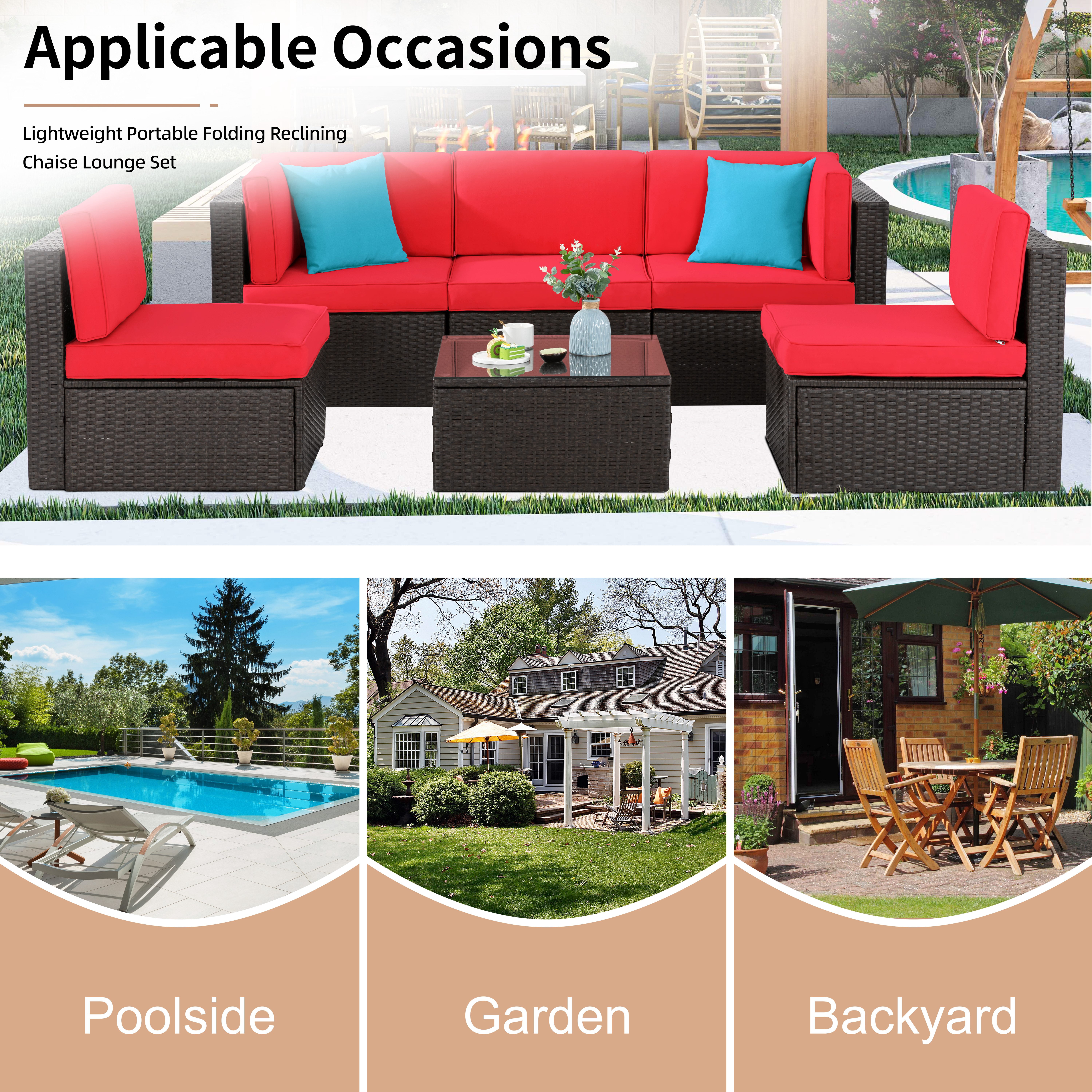 Patio Furniture Set, Walsunny 6 Piece All Weather Outdoor Sectional Sofa, Wicker Patio Conversation Set with Cushions and Tempered Glass Table for Backyard Porch, Red