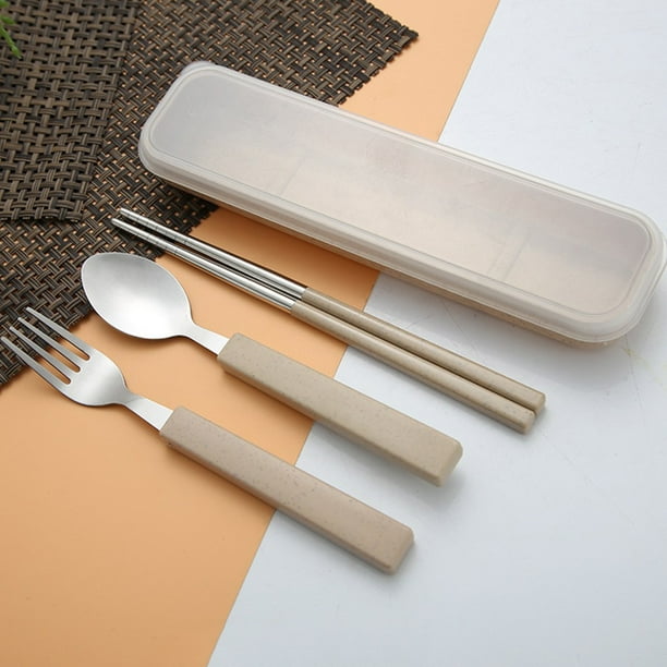 Juego de Cubiertos Portátil de Acero Inoxidable, Cuchara, Tenedor y Palillos, Caja de Viaje Compacta, Fácil de Limpiar, Ideal para Picnic, Camping y Escuela. Juego de 3 Piezas. Tamaño de La