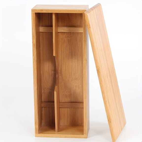 Japanese‑Style 2‑Grid Bamboo Cutlery Storage Box with Lid, Kitchen Flatware Organizer for Home Restaurant Hotel
