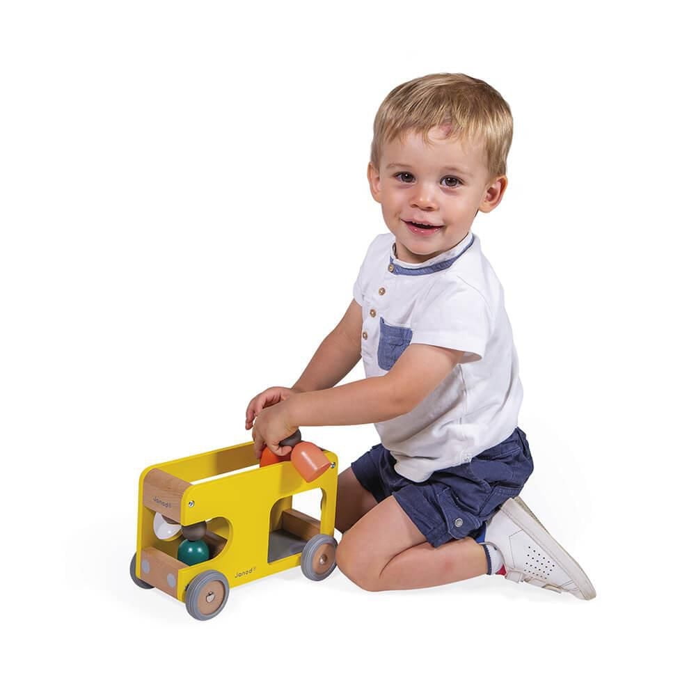 Janod - Bolid Solid Wood School Bus - Silent Wheels - Imagination and Fine Motor Skills - Water-Based Paints - 2 Years + - Yellow - 346355.